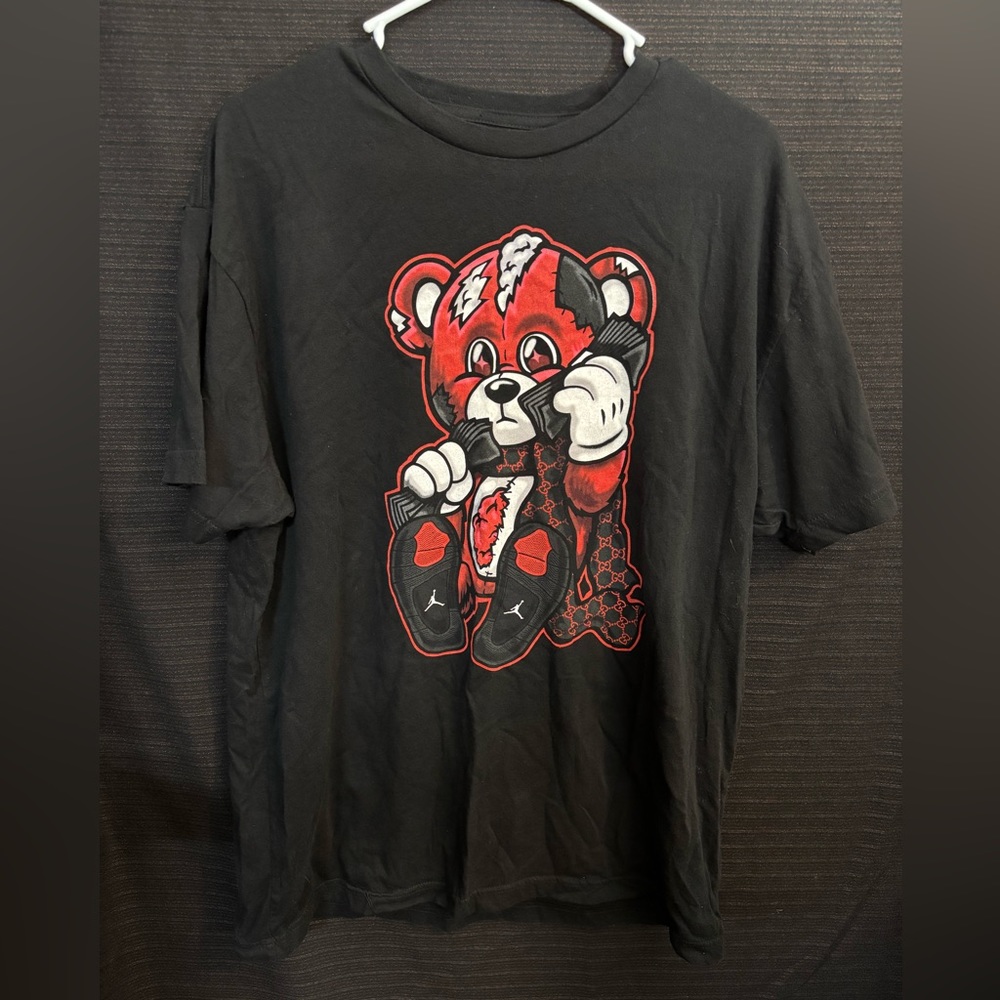 Black T-Shirt with Red and White Bear Graphic